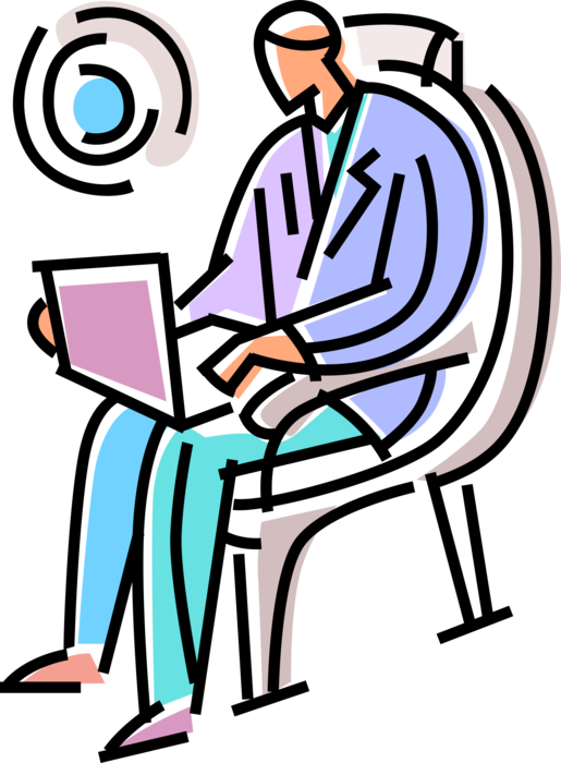 Vector Illustration of Businessman Air Traveler Passenger in Aircraft Work on Computer During Flight