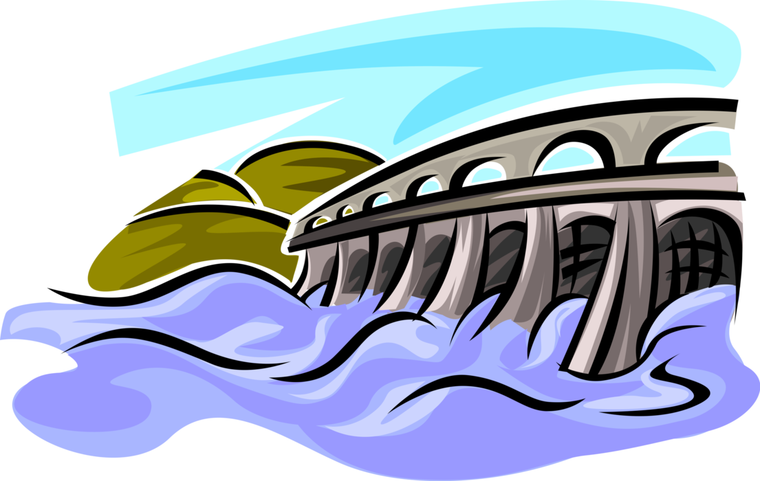 Vector Illustration of Hydroelectric Power Dam with Sluice Gates and Electrical Power Generation