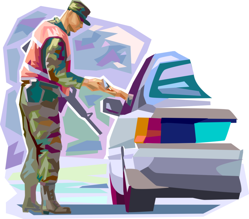 Vector Illustration of Automobile Motor Vehicle Security Checkpoint Under Heavily Armed Military Control Checks ID