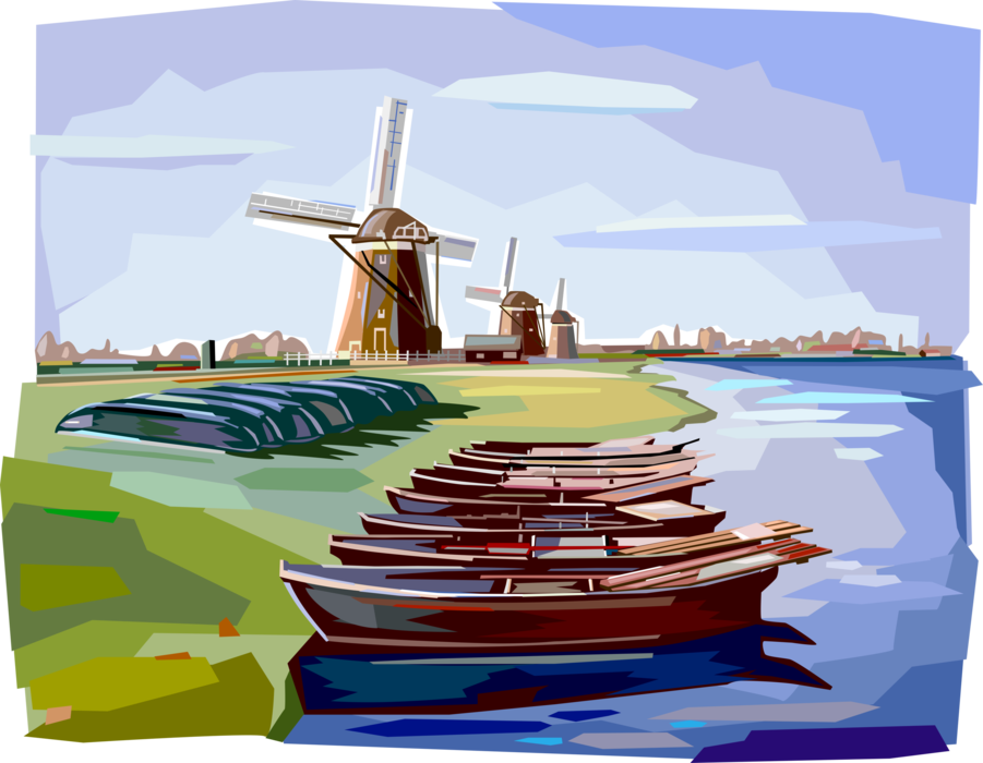 Vector Illustration of Canal in Holland, The Netherlands