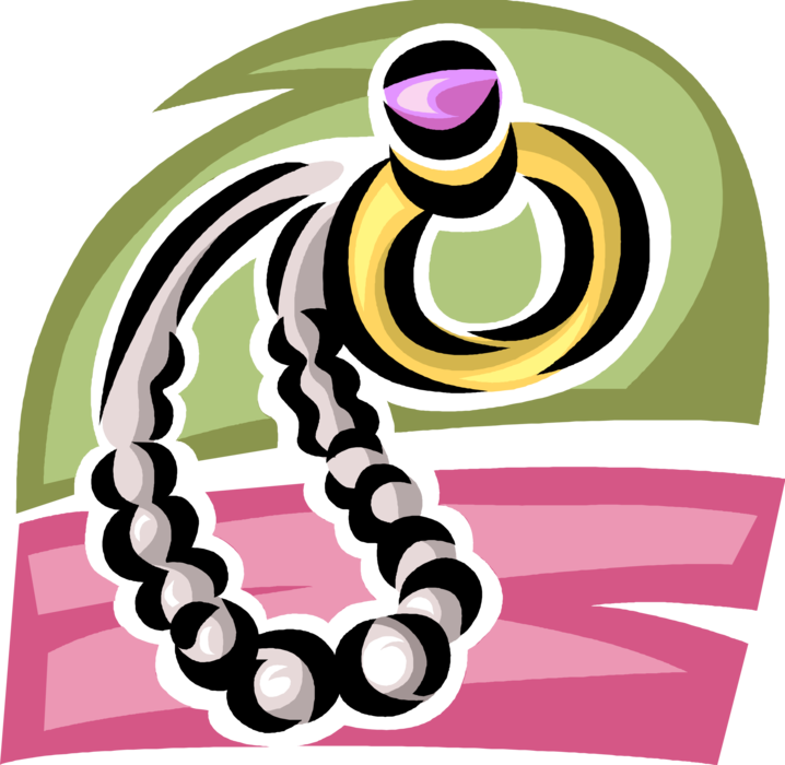 Vector Illustration of Gemstone Jewellery or Jewelry Ring and Pearl Necklace