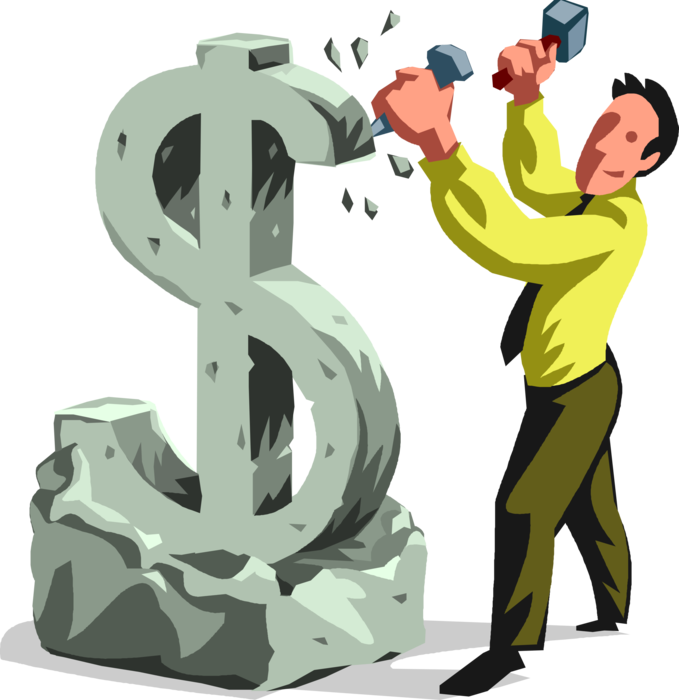 Vector Illustration of Successful Businessman Sculptor with Hammer and Chisel Sculpts Cash Money Dollar Sign