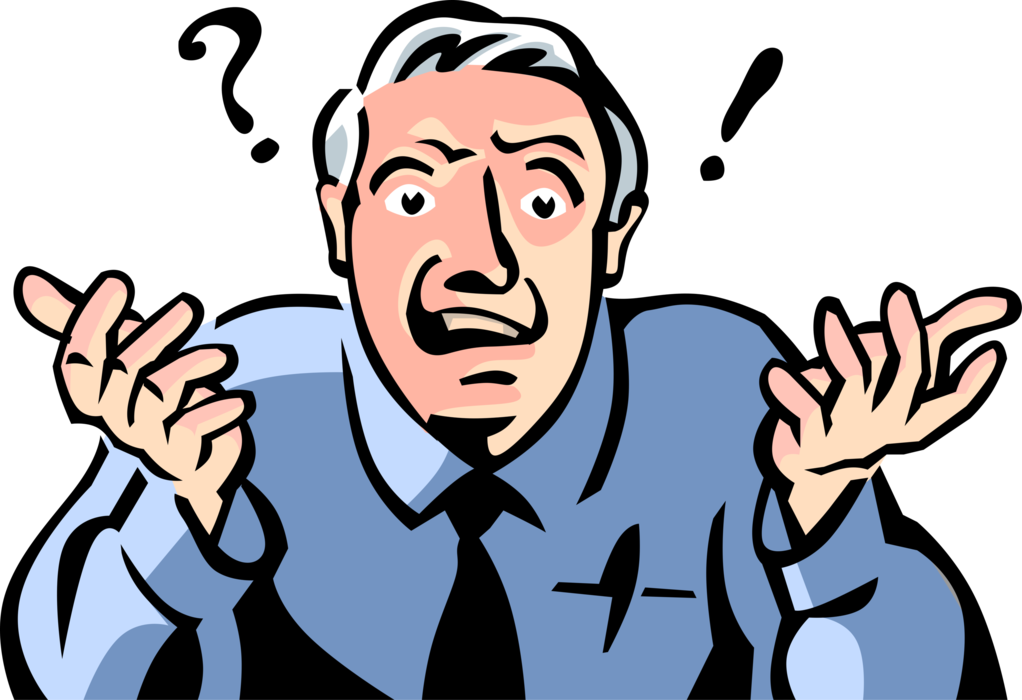 Vector Illustration of Baffled, Frustrated, Confused Businessman Wonders WTF with Question Mark and Exclamation