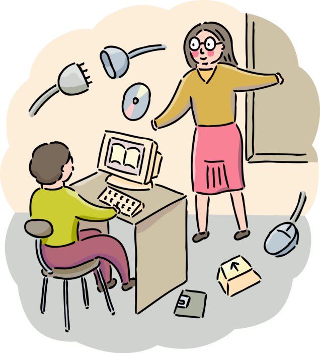 Vector Illustration of Teacher Teaching Computer Science Class with Student in School Classroom