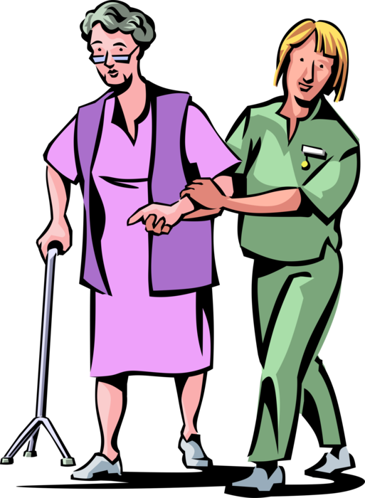 Vector Illustration of Hospital Health Care Nurse Provides Assistance to Elderly Senior Citizen Patient Walking with Walker