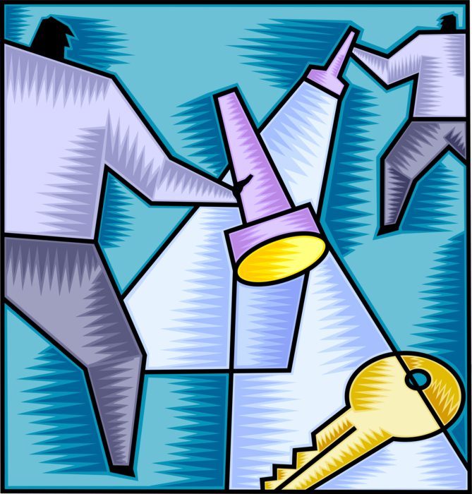 Vector Illustration of Business Associates with Flashlights Search for Key to Unlocking Corporate Goals and Strategies