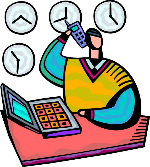 Vector Illustration of Office Worker Talks on Mobile Cell Phone at Work with International Time Zone Clocks