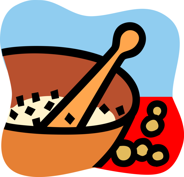 Vector Illustration of Mortar and Pestle Prepare Ingredients by Crushing and Grinding into Powder or Paste