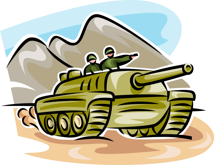 Vector Illustration of United States Army Armor Branch Tank Battalion Engage Enemy on Battlefield in War Operations