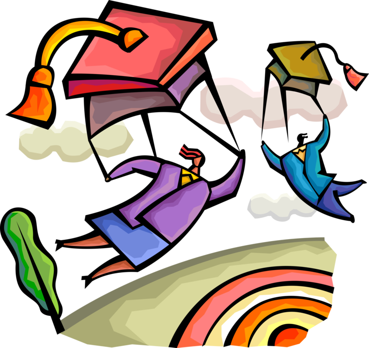 Vector Illustration of Business Associates with Higher Education Graduate Degrees Parachute to Soft Landing on Target