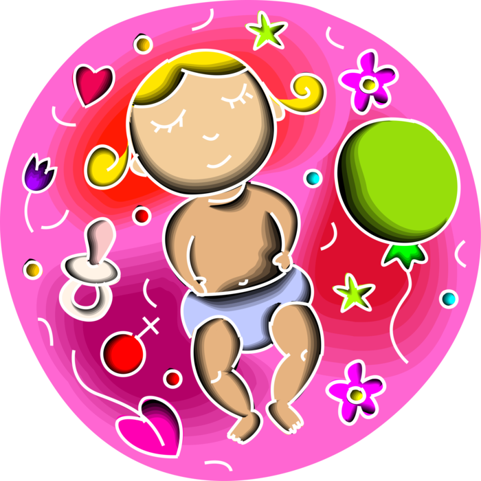 Vector Illustration of Newborn Infant Baby Girl in Diapers with Pacifier Soother and Balloon