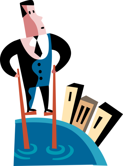 Vector Illustration of Businessman Avoids Risk and Keeps Powder Dry Walking on Stilts Through Deep Water