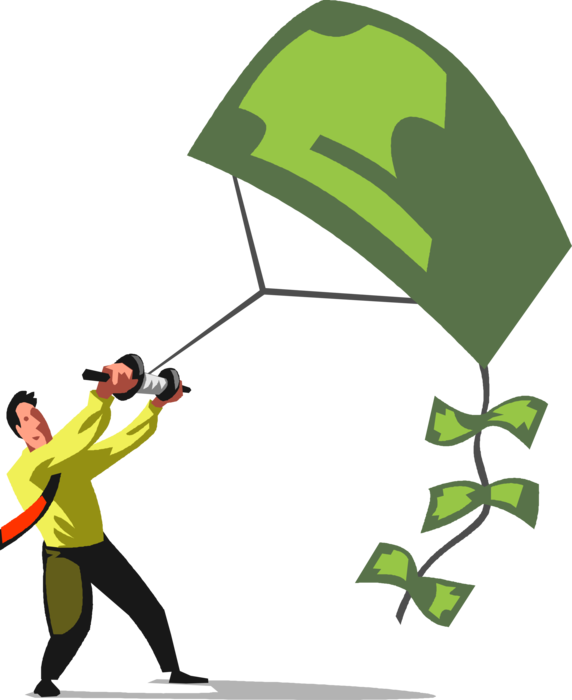 Vector Illustration of Cocksure Arrogant Businessman Flies Cash Money Investment Kite in Strong Financial Winds