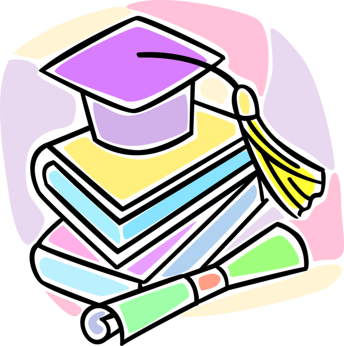Vector Illustration of School Graduate Mortarboard Graduation Cap, Schoolbook Textbooks and Diploma