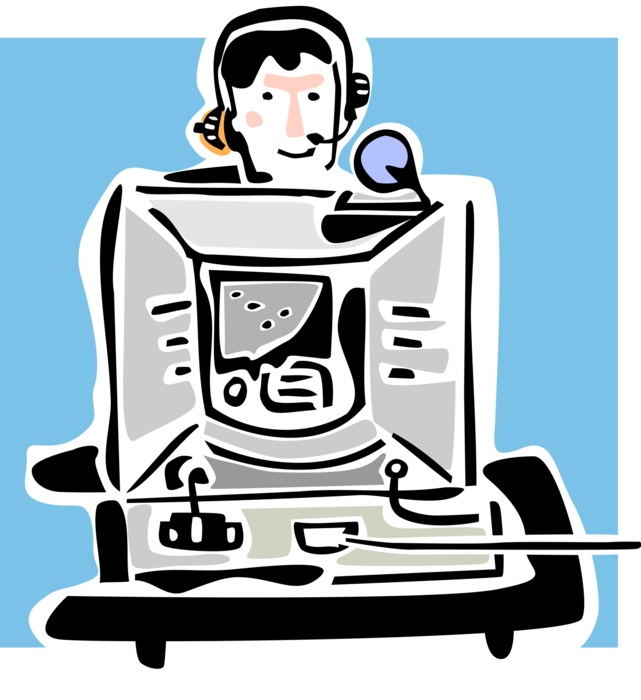 Vector Illustration of Woman with Headset in Face Time Videotelephony Conversation on Computer Webcam Camera