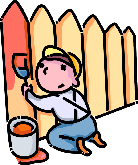Vector Illustration of Primary or Elementary School Student Boy Punished for Bad Behavior Paints Fence as Punishment