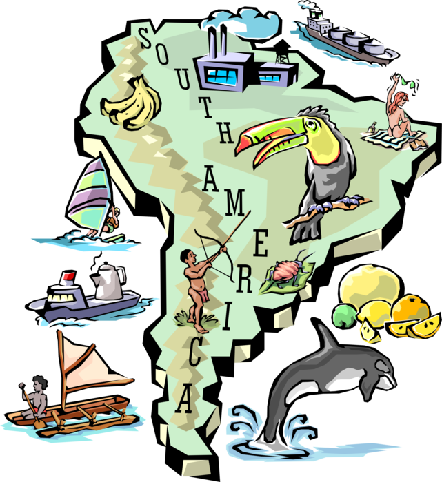 Vector Illustration of Continent of South America Vignette Map with Tourism Infographic Icons