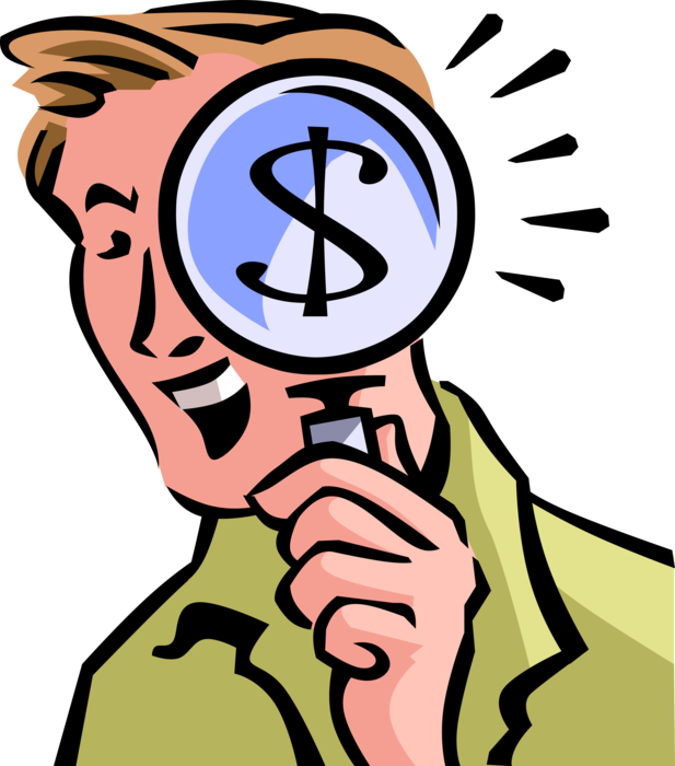 Vector Illustration of Businessman with Eye for Lucrative Profitable Financial Investments with Magnifying Glass