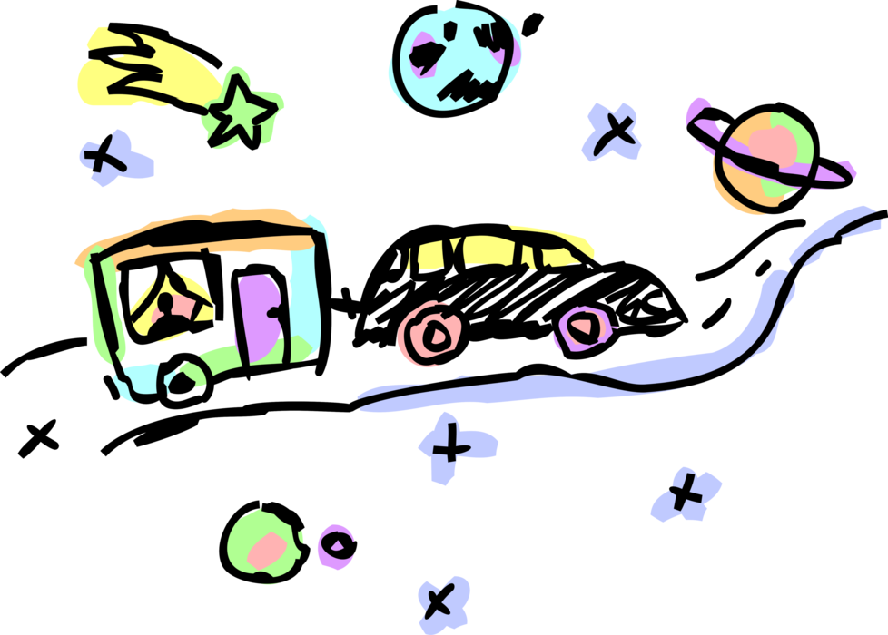 Vector Illustration of Holiday Vacation Travel in Family Automobile Motor Vehicle Car Traveling Through Outer Space