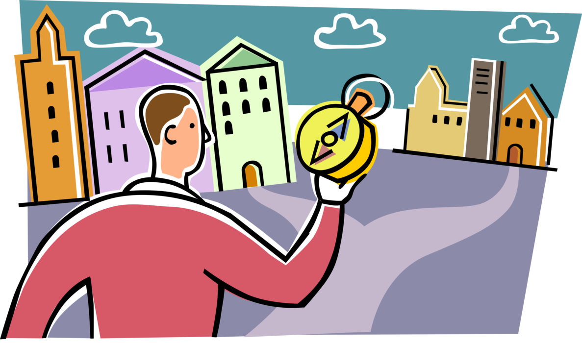 Vector Illustration of Businessman with Navigation Compass in City Navigates Correct Business Direction