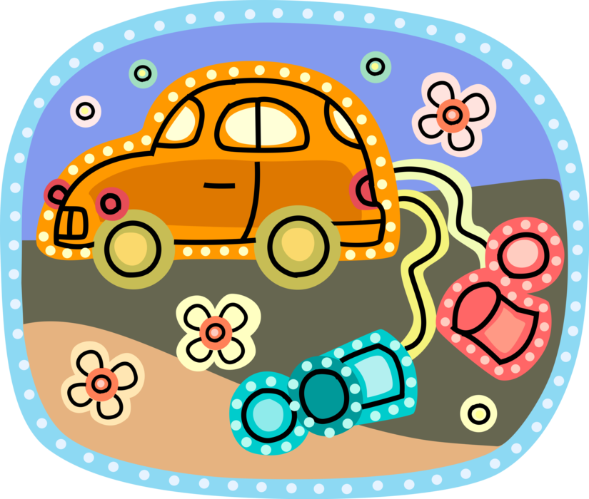 Vector Illustration of Just Married Honeymoon Automobile Car Drives Away from Wedding Ceremony Dragging Tin Cans