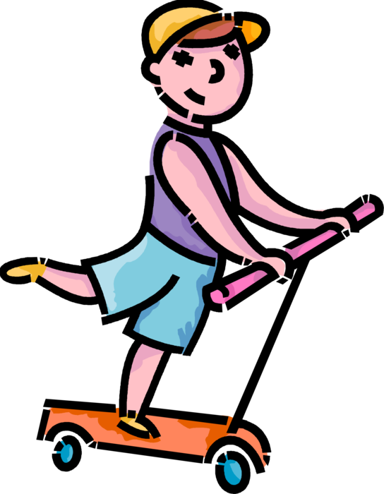 Vector Illustration of Primary or Elementary School Student Boy Rides Foot-Powered Scooter Vehicle