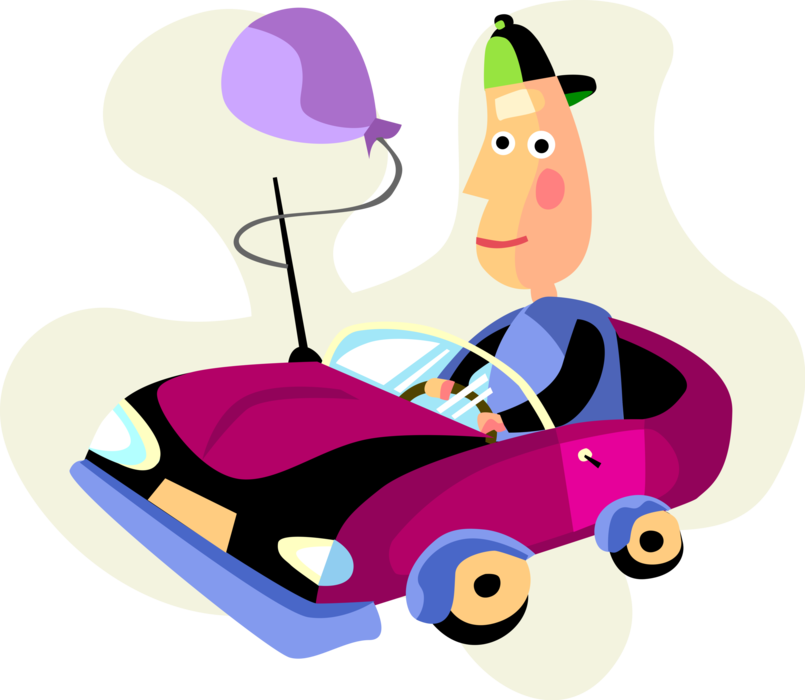 Vector Illustration of Boy Drives in Toy Pedal Car Vehicle with Balloon