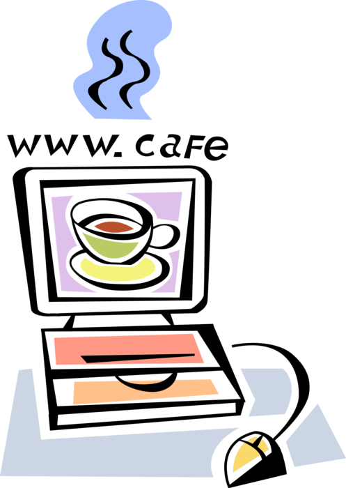 Vector Illustration of Online Café or Cybercafé Provides Free Public Access to Internet on Computer 