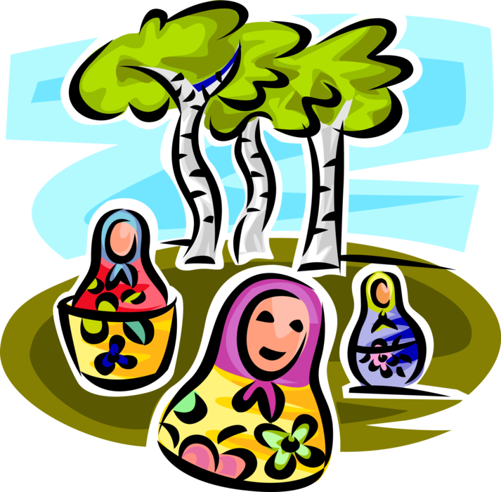 Vector Illustration of Matryoshka or Matrioshka Russian Babushka Nesting Dolls with Birch Forest Trees