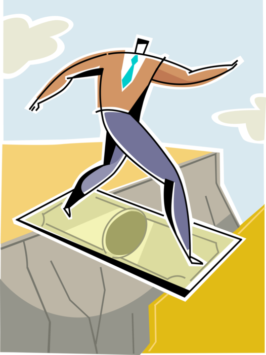 Vector Illustration of Businessman Crosses Ravine Precipice with Investment Cash Money Dollar to Bridge Great Divide