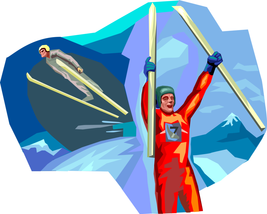 Vector Illustration of Ski Jumper with Skis Celebrates Winning Ski Jumping Sports Competition 