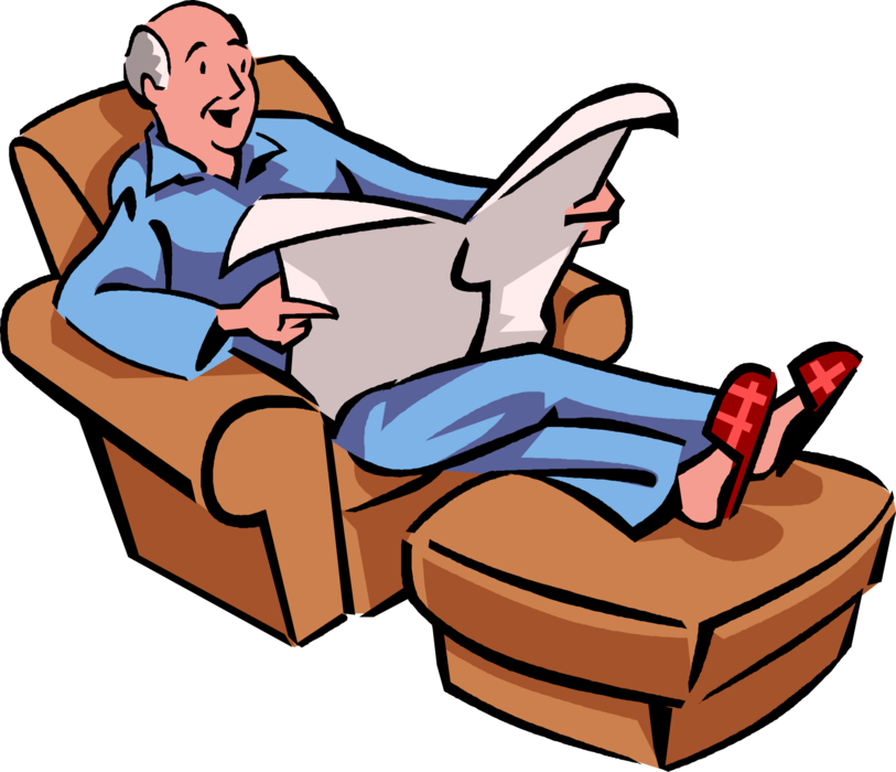 Vector Illustration of Retired Elderly Senior Citizen Reads Newspaper Serial Publication Containing News, Articles, and Advertising