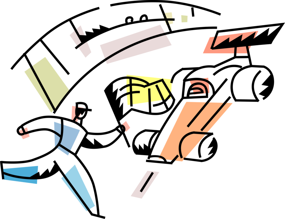 Vector Illustration of Formula One Motorsports Race Official Waves Winning Checkered or Chequered Flag at Finish Line