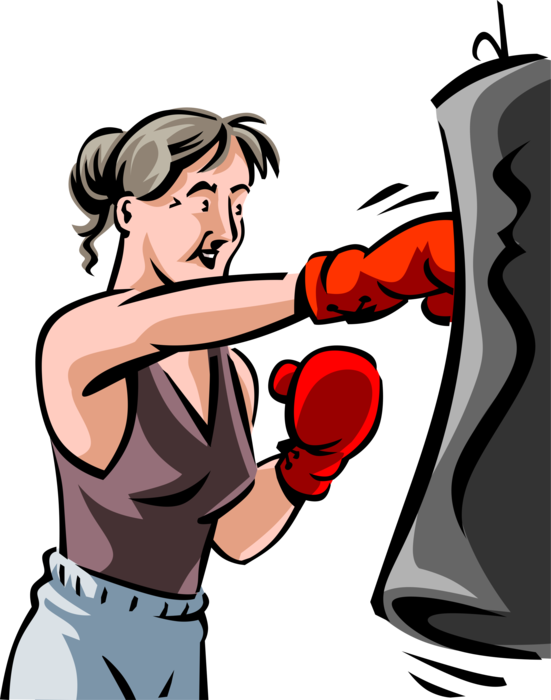 Vector Illustration of Retired Elderly Senior Citizen Pugilist Boxer with Boxing Gloves Sparring with Heavy Bag