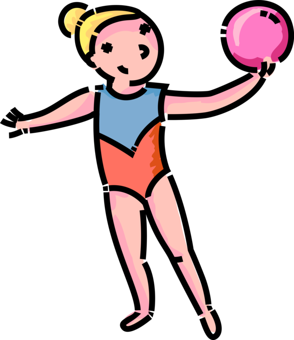 Vector Illustration of Primary or Elementary School Student Gymnast Performs Artistic Gymnastics Routine with Ball