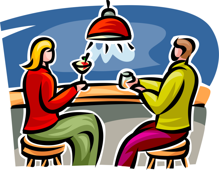 Vector Illustration of Couple Sit at Barroom Tavern Cocktail Bar with Cocktail Drinks