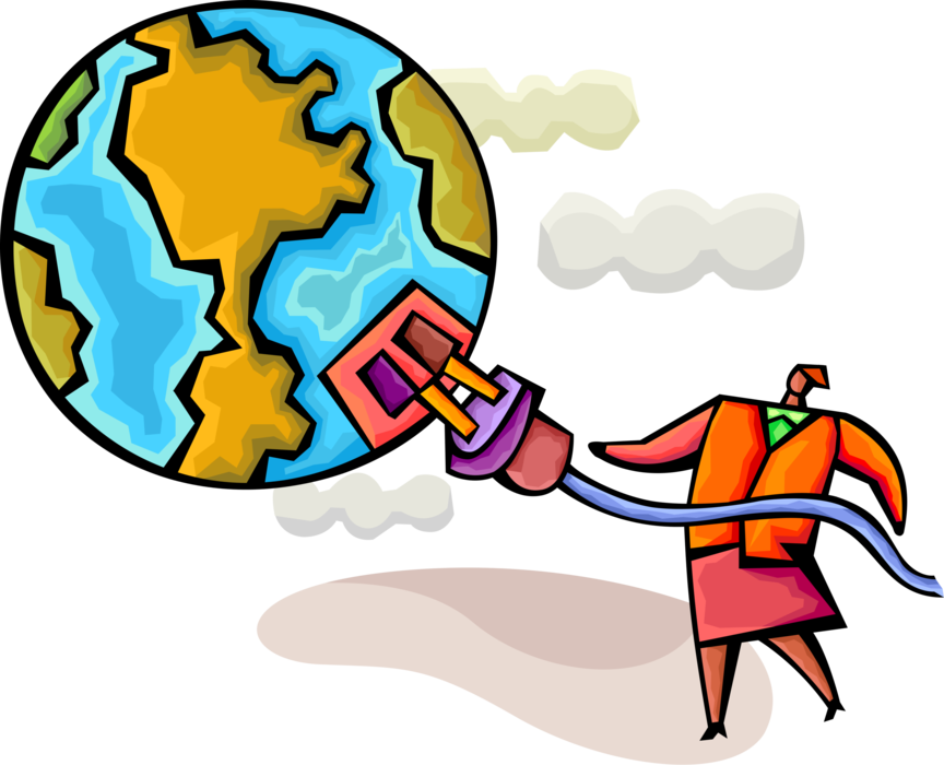 Vector Illustration of Businesswoman Plugs into International Marketing Opportunities with Planet Earth Globe World