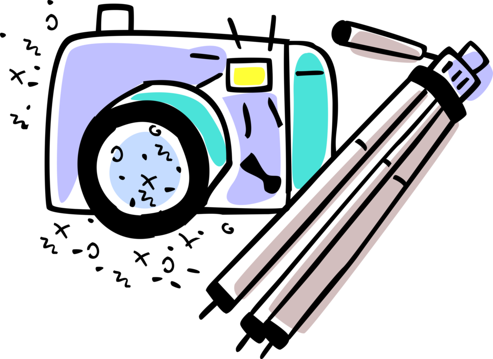 Vector Illustration of Optical Photography Camera Captures Photographic Images with Tripod