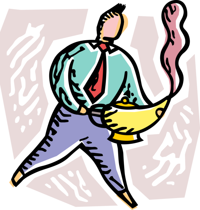 Vector Illustration of Businessman with Aladdin's Magic Lamp Conjures Up Arabian Mythology Jinni or Genie