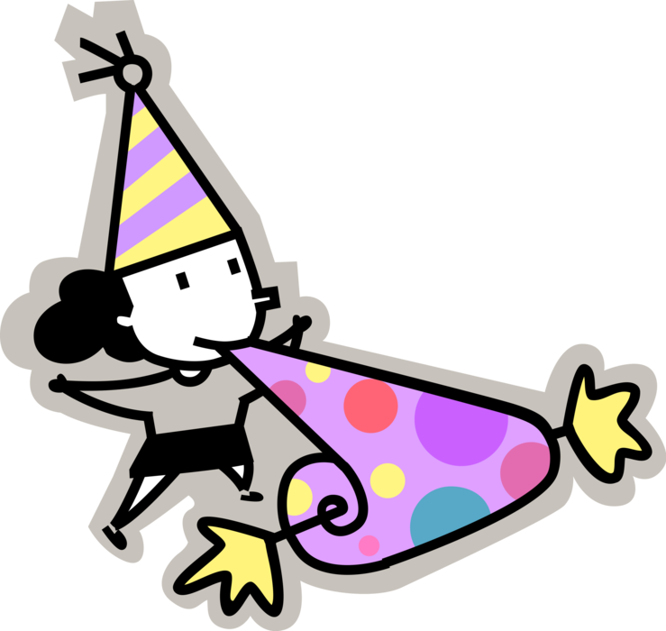 Vector Illustration of Birthday Girl in Party Hat Blows Noisemaker Party Whistle