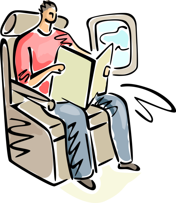 Vector Illustration of Airline Travel Passenger Reads Magazine in Flight on Jet Aircraft Airplane
