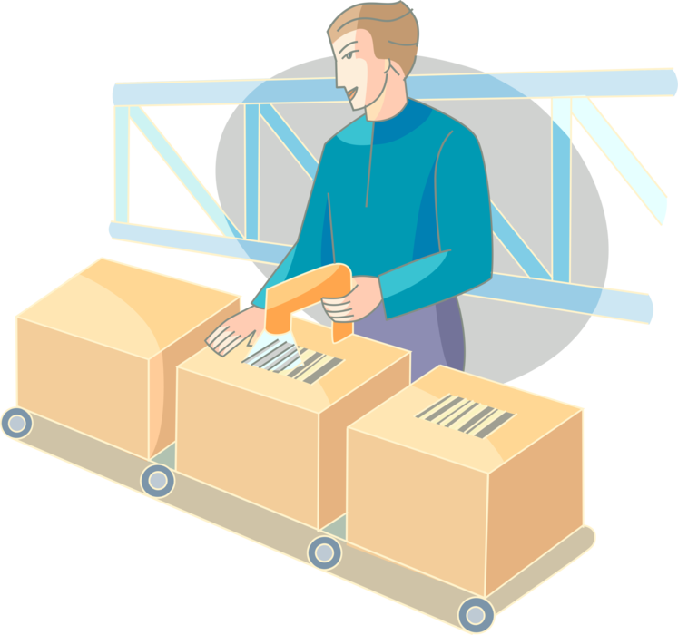 Vector Illustration of Industrial Factory Warehouse Worker Scans Barcodes on Manufacturing Product Shipping Boxes