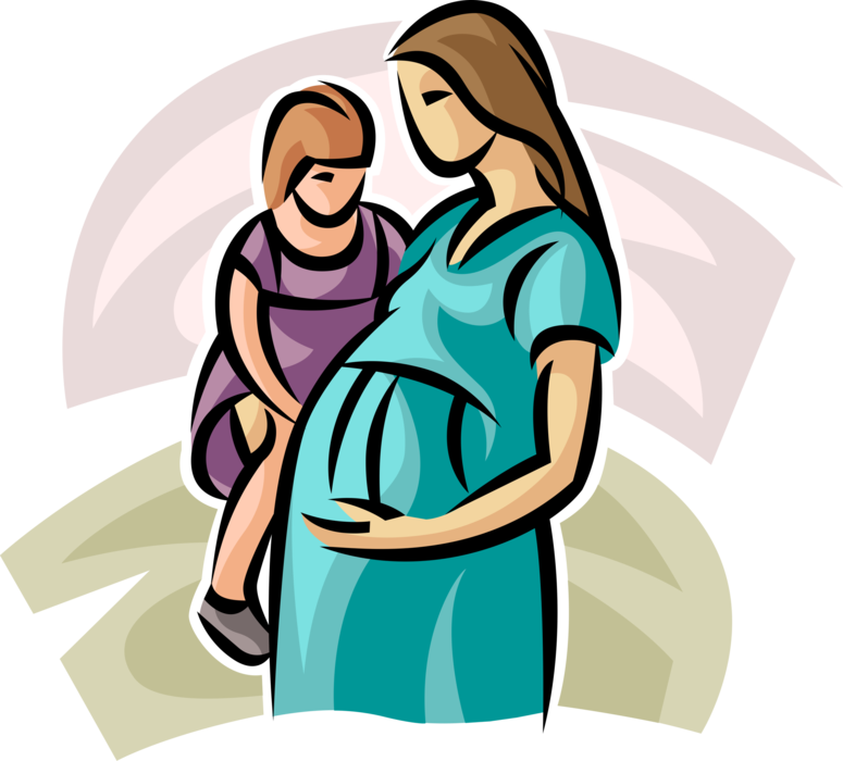 Vector Illustration of Pregnant Expectant Mother with Young Daughter