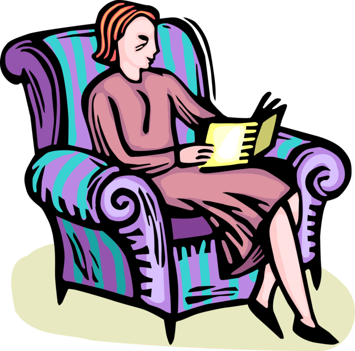 Vector Illustration of Woman Reads Book in Comfortable Living Room Chair Furniture