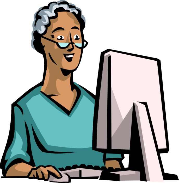 Vector Illustration of Retired Elderly Woman Accesses Internet on Home Computer