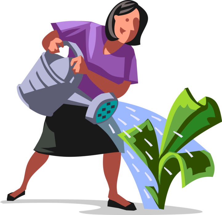 Vector Illustration of Businesswoman with Garden Watering Can Watches Investment Cash Money Tree Grow