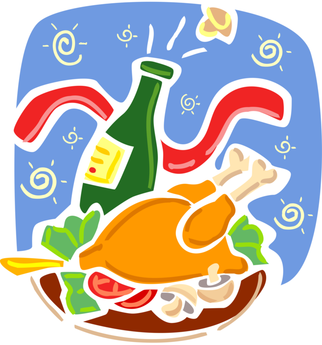 Vector Illustration of Traditional Thanksgiving and Christmas Roast Poultry Turkey Dinner with Champagne Bottle