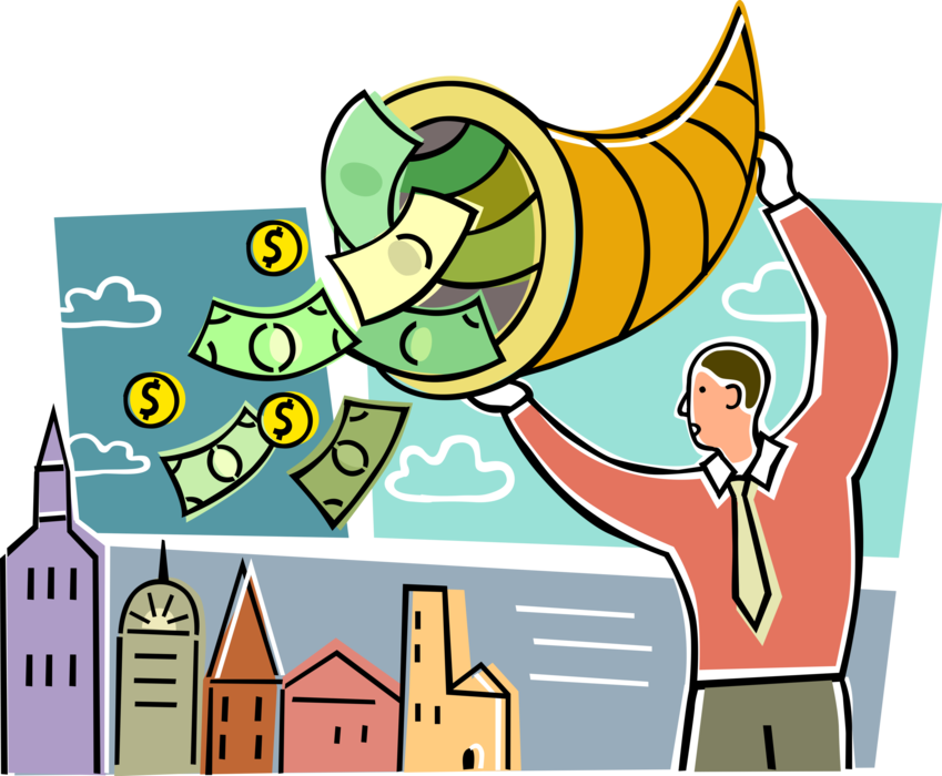 Vector Illustration of Businessman with Cornucopia Horn of Plenty Overflowing with Corporate Financial Profit Cash Money