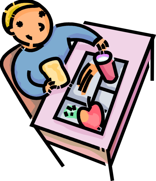 Vector Illustration of Primary or Elementary School Student Boy Eats Lunch at Classroom Desk