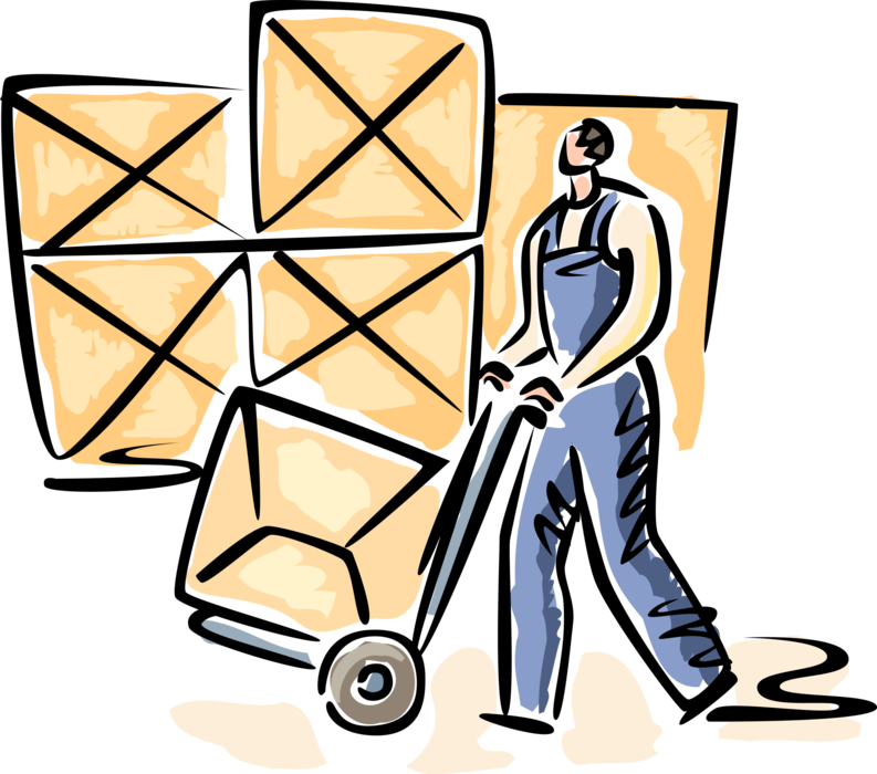 Vector Illustration of Warehouse Worker Moves Shipping Handcart Dolly with Shipment Crate